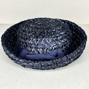 Vintage braided straw 1960’s‎ Ribbon Navy Blue Womens Bowler Clouche Hat